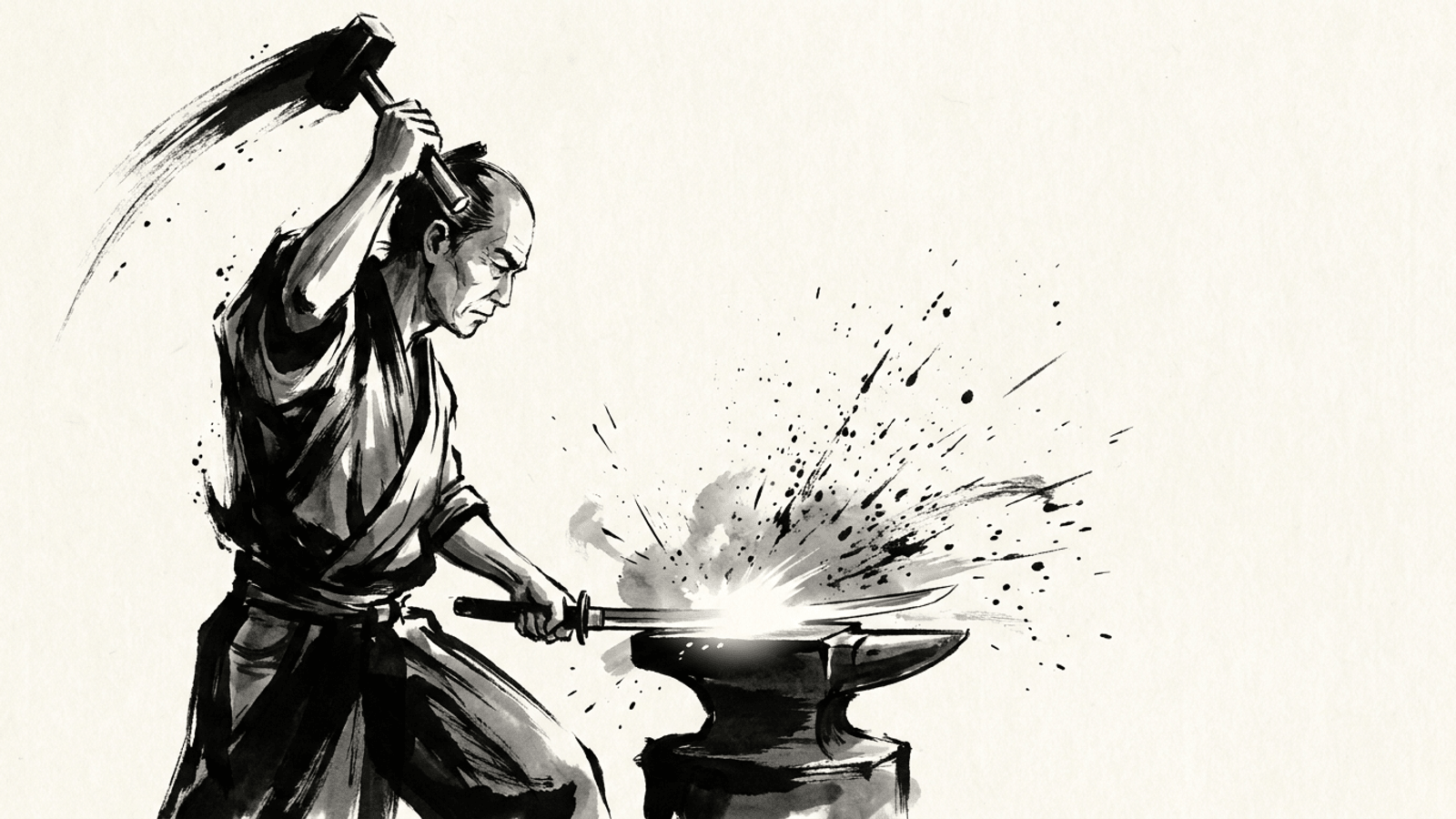 A sumi-e ink painting of a master swordsmith raising a hammer, sparks flying as a katana blade is forged