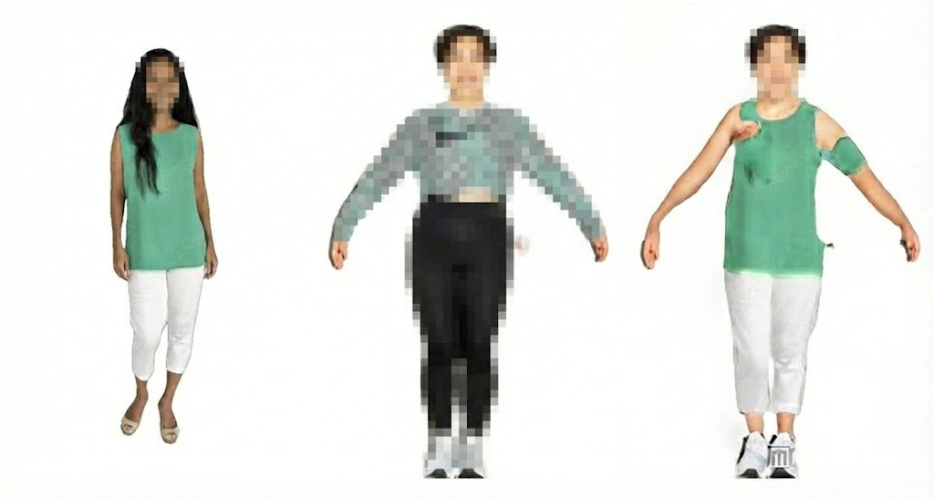 Body type bias: significant artifacts appear for body types underrepresented in training data (center), while slim figures produce acceptable results